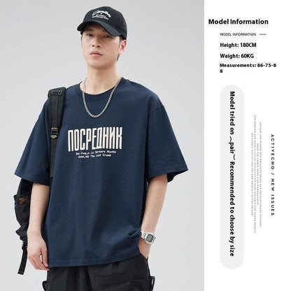 Letter Printed T-shirt Japanese Loose Cotton Half Sleeve T shirt Navy Blue MuddyStock
