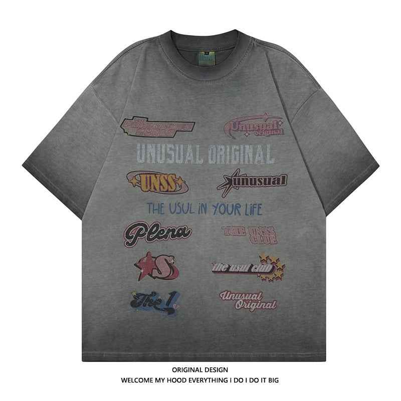 American Retro High Street Letter Printed T-shirt For Men And Women Gray null