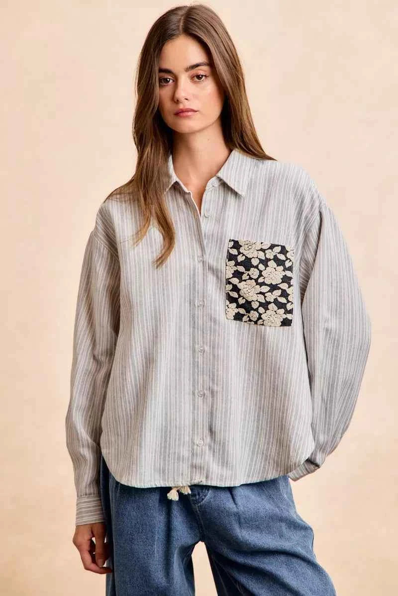 Flower Jacquard Knit Patch Pocket Stripe Shirt For Women GREY BLACK Trendsi