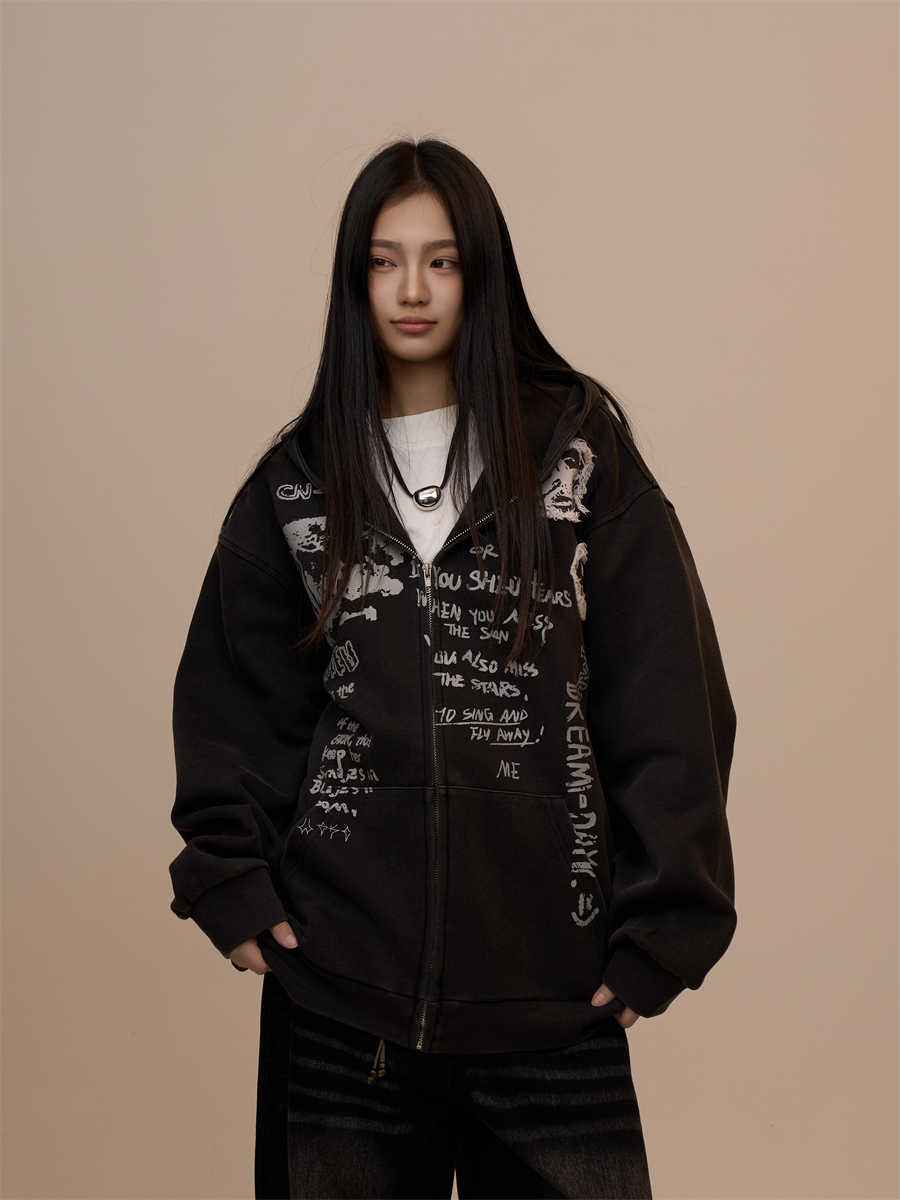 Women's Letter Printed Black Hoodie MuddyStock