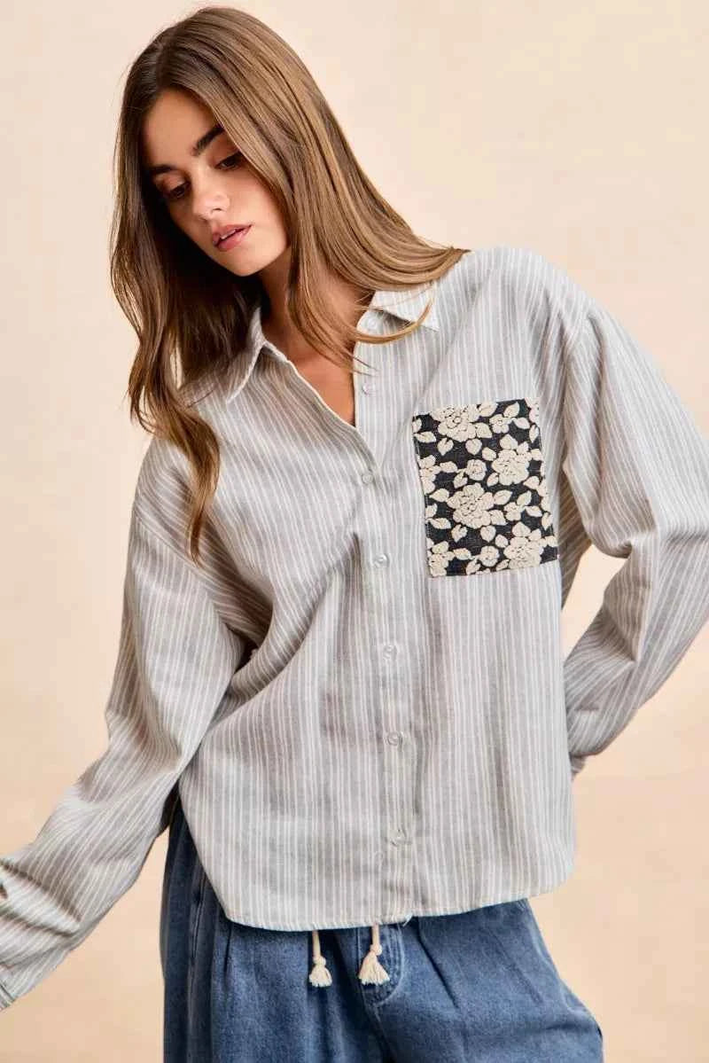 Flower Jacquard Knit Patch Pocket Stripe Shirt For Women Trendsi