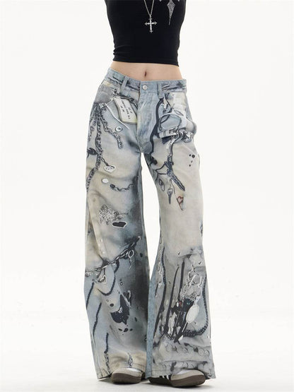 Multi-pocket Wide Leg Jeans Straight Casual Pants For Women Blue MuddyStock