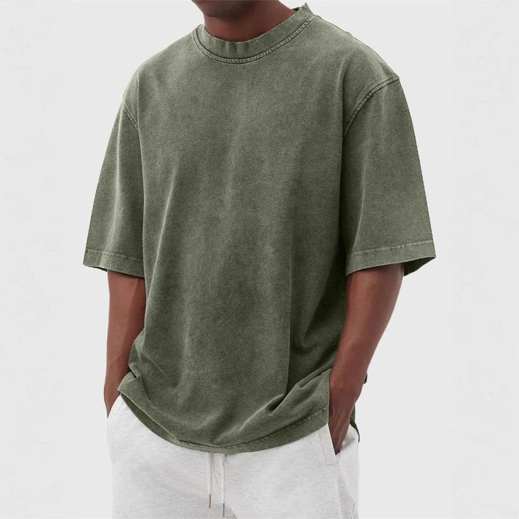Men's Washed Fried Color Distressed Solid Color Pullover Short T-shirt MuddyStock