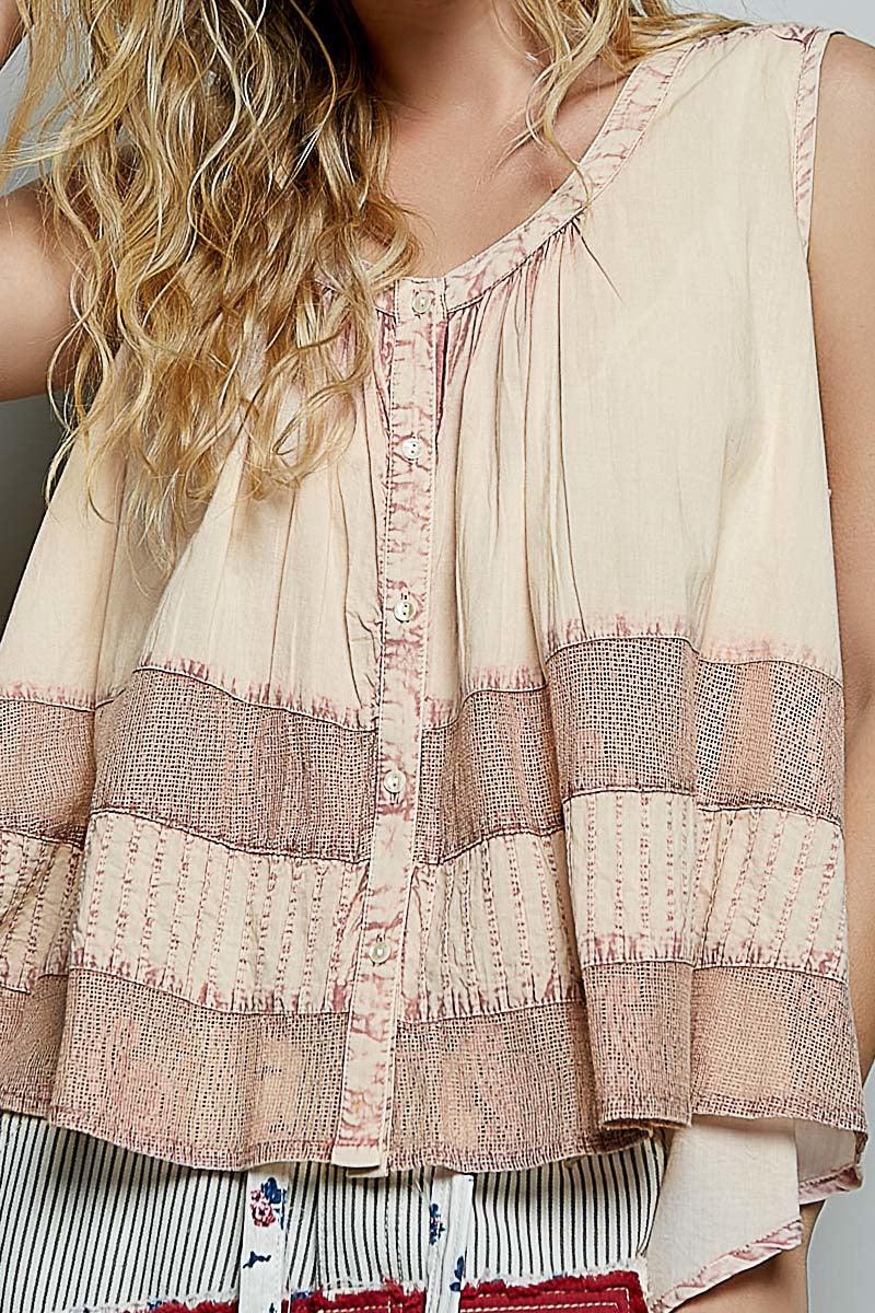 Button Down Round Neck Tank with Crochet Contrast
