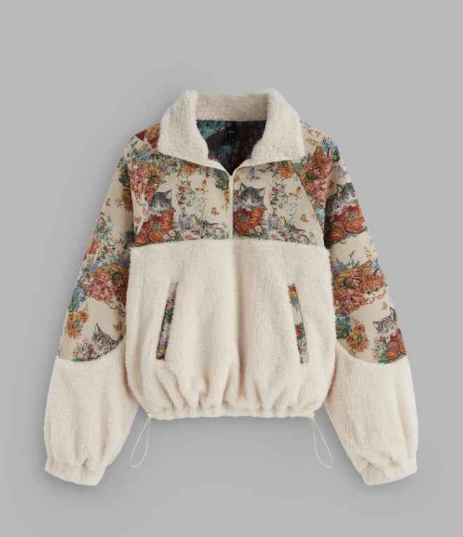 Women's Turn-down Collar Floral Cat Tie Hoodie White MuddyStock