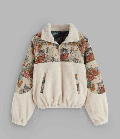 Women's Turn-down Collar Floral Cat Tie Hoodie White MuddyStock