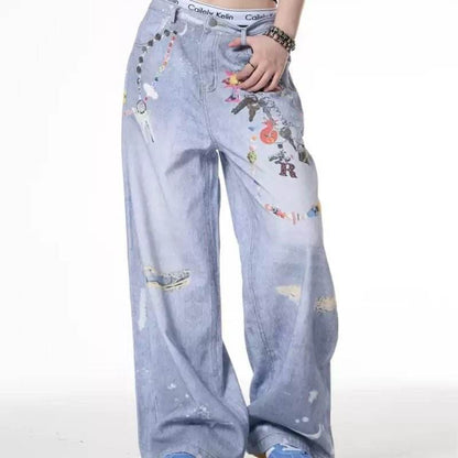 Distressed Dirty Dyed Jeans Women's Summer Design Sense Niche Loose Wide Leg MuddyStock