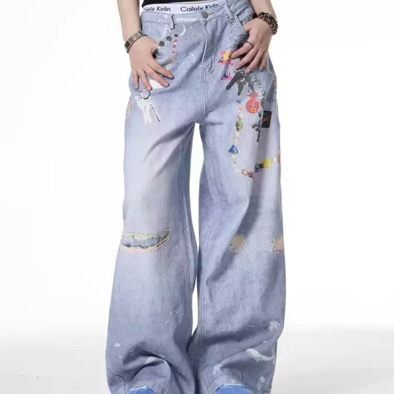 Distressed Dirty Dyed Jeans Women's Summer Design Sense Niche Loose Wide Leg MuddyStock