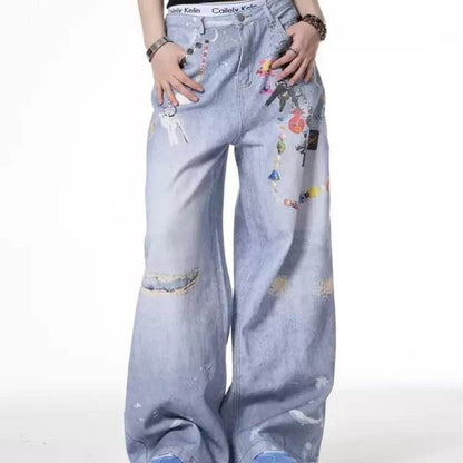 Distressed Dirty Dyed Jeans Women's Summer Design Sense Niche Loose Wide Leg MuddyStock