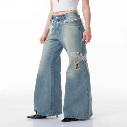 High Waist Bow Patch Wide Leg Straight Jeans For Women MuddyStock