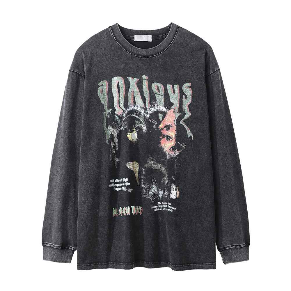 Men's Casual Round Abstract Ghost Face Printed Long-sleeved T-shirt Retro Black null