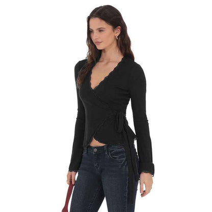 New Deep V-neck Cross-front Tie Lace Trim Top For Women MuddyStock