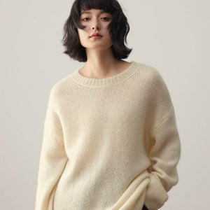 Pure Cashmere Wide Sweater Pullover Women's Thick Cream White Free Size