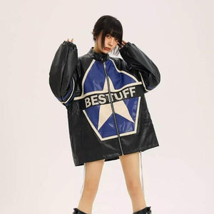American Retro Biker's Jacket Trendy Leather Jacket Coat For Women Black