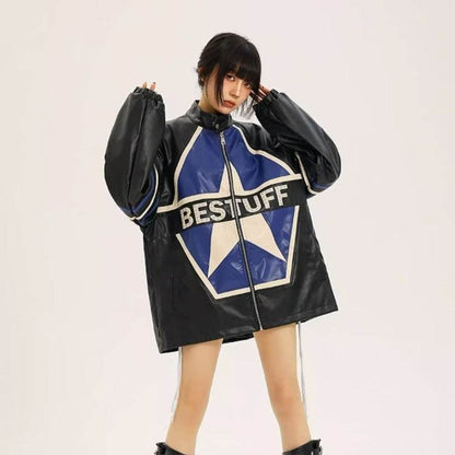 American Retro Biker's Jacket Trendy Leather Jacket Coat For Women Black MuddyStock