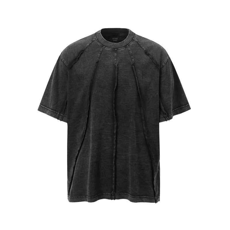 Men's Retro Washed Distressed Loose Niche Half Sleeve T-shirt Black null