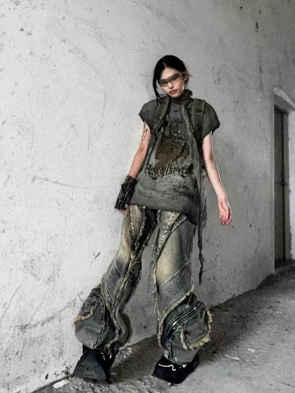 Heavy Industry Destroyed Raw Edge Stitching Jeans Retro Wide Leg Trousers MuddyStock