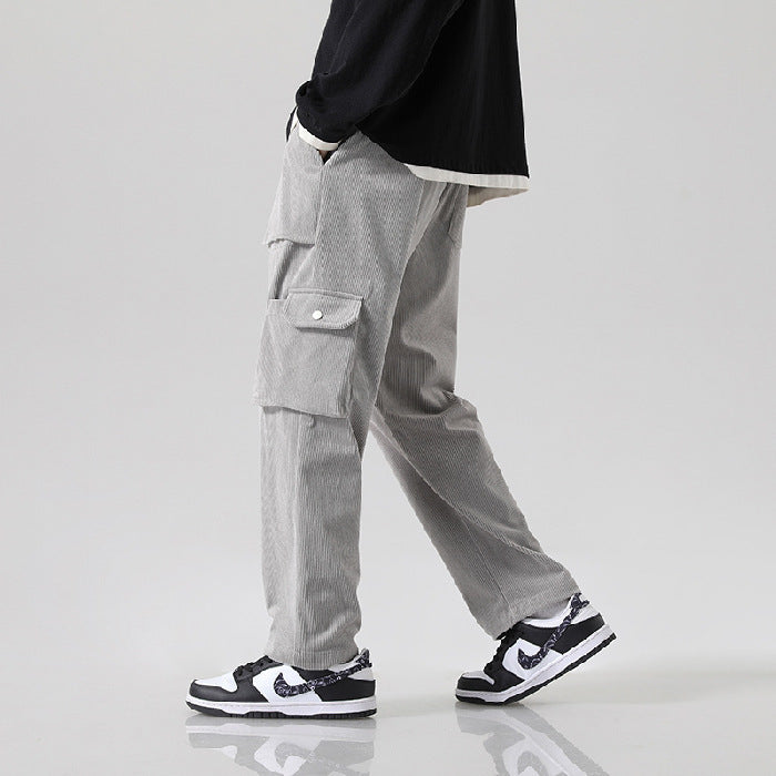Men's Loose All-matching Corduroy Multi-pocket Straight Cargo Pants Light Gray