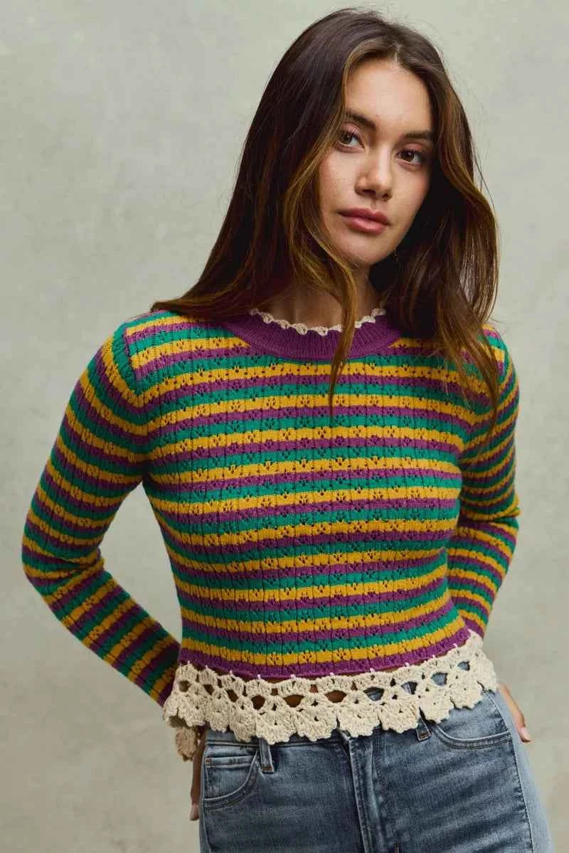 Mardi Gras Striped Cropped Knit Top with Crochet Edge For Women Trendsi
