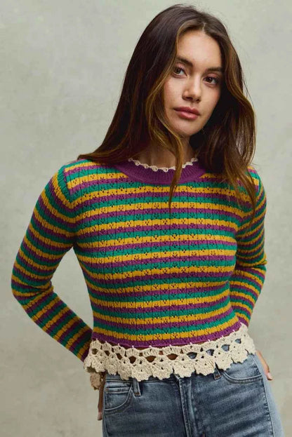 Mardi Gras Striped Cropped Knit Top with Crochet Edge For Women Trendsi