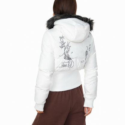 Printed Fur-collar Hooded Jacket For Women White