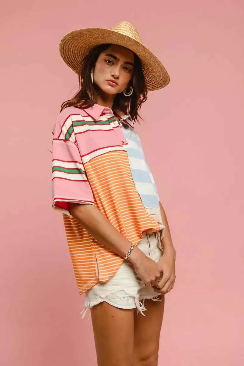 Mix And Match Stripe Color Block T-shirt For Women Trendsi