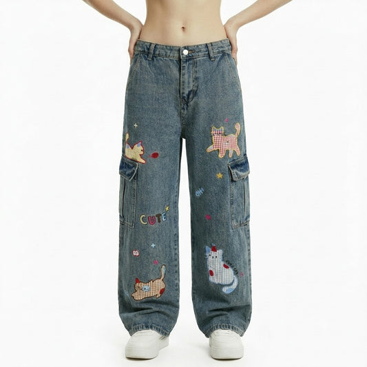 Cartoon cat washed straight leg jeans for women | MuddyStock Originals