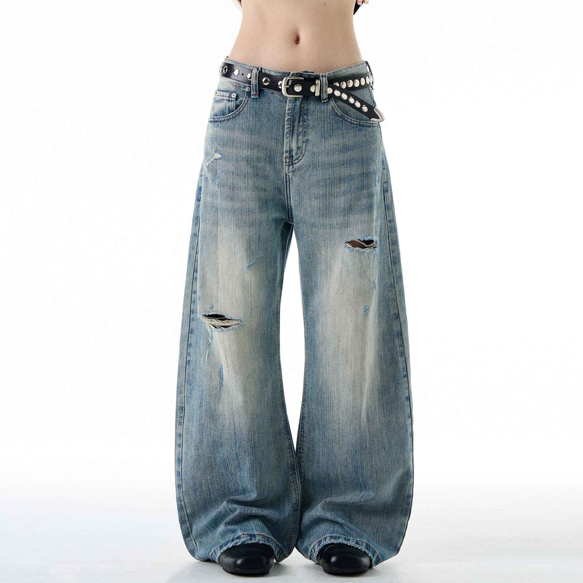 American-style Vintage Distressed Ripped Bootcut Jeans For Men