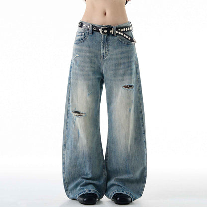 American-style Vintage Distressed Ripped Bootcut Jeans For Men