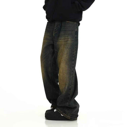 Men's Loose Yellow Mud Dyed Washed Vintage Jeans MuddyStock