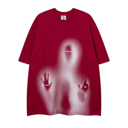 Depressed Fuzzy Printed Short Sleeve Loose For Men And Women Red MuddyStock