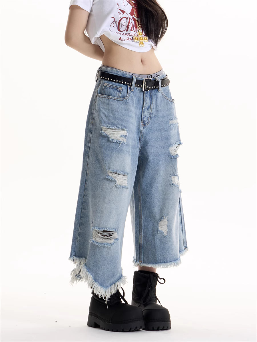 American Retro Ripped Design Cropped Pants For Women