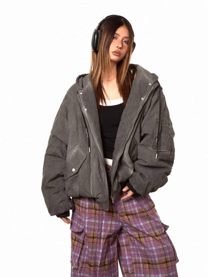 Hooded Washed Old Cotton-padded Jacket For Women Dark Gray MuddyStock