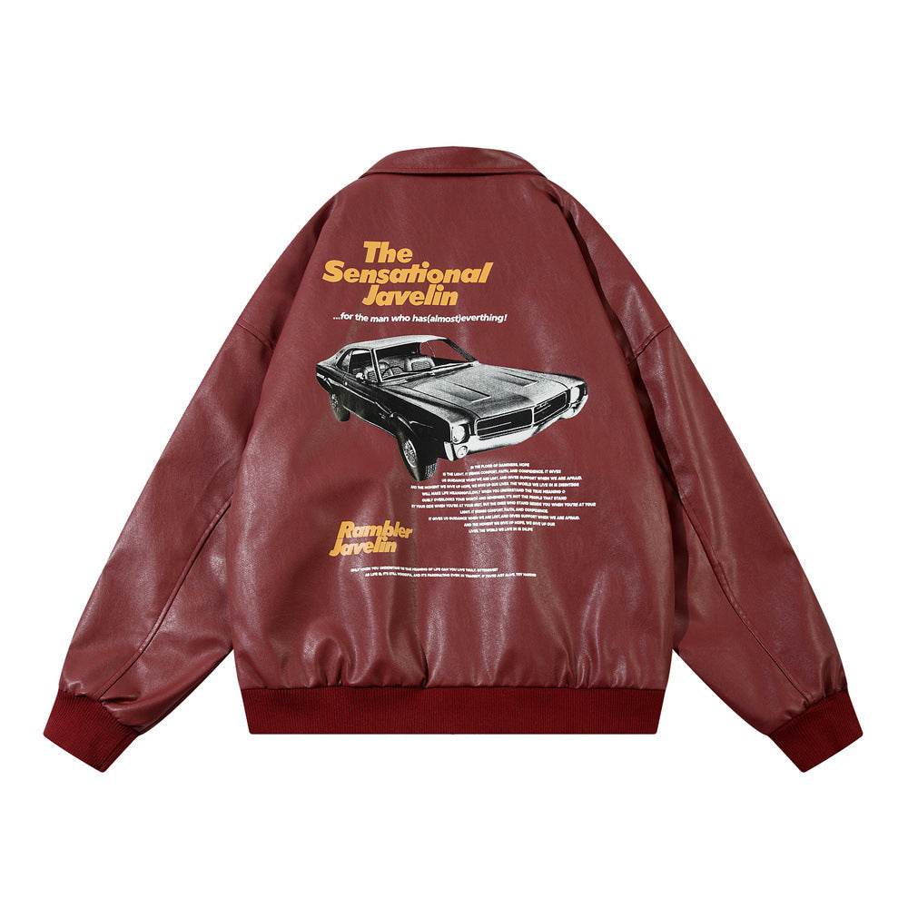 Retro Car Printing Loose Lapels Leather Coat For Both Men And Women MuddyStock