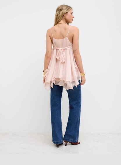 Mesh Camisole Short Top With Laminated Ruffles MuddyStock