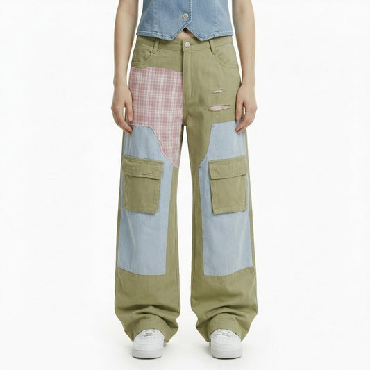 Color Block Patchwork Distressed Pocket Decorated Denim Pants For Women | MuddyStock Originals