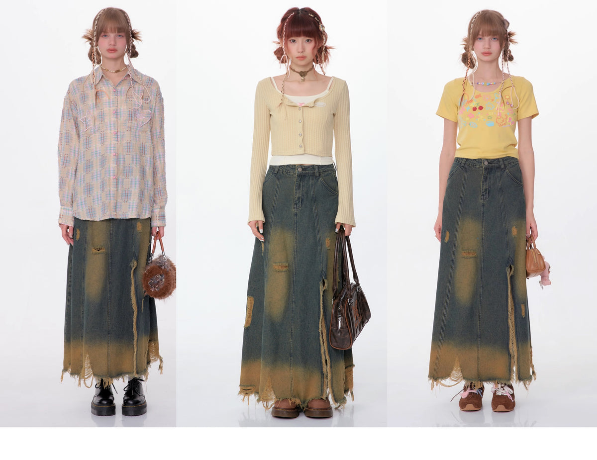 High Waist Mid-length Make Old Ripped Split Denim Skirt For Women All Products