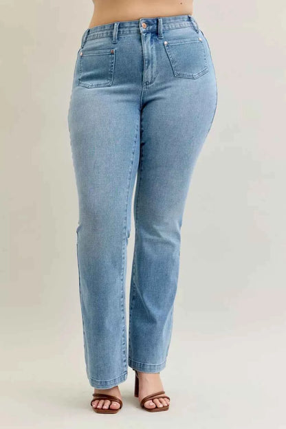 Judy Blue Full Size Mid Rise Bootcut Jeans with Contrast Wash & Front Patch Pockets For Women Trendsi