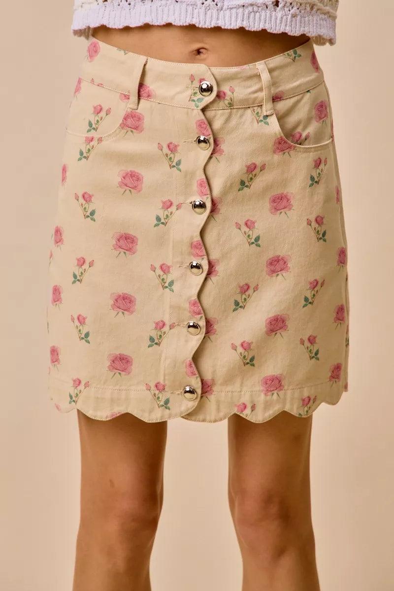 Floral Rose Print Cotton Twill Scallop Mini Skirt