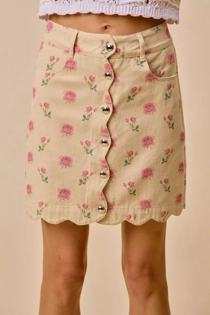 Floral Rose Print Cotton Twill Scallop Mini Skirt