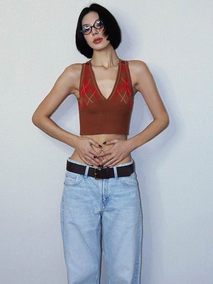 Retro Diamond Short Woolen Vest MuddyStock