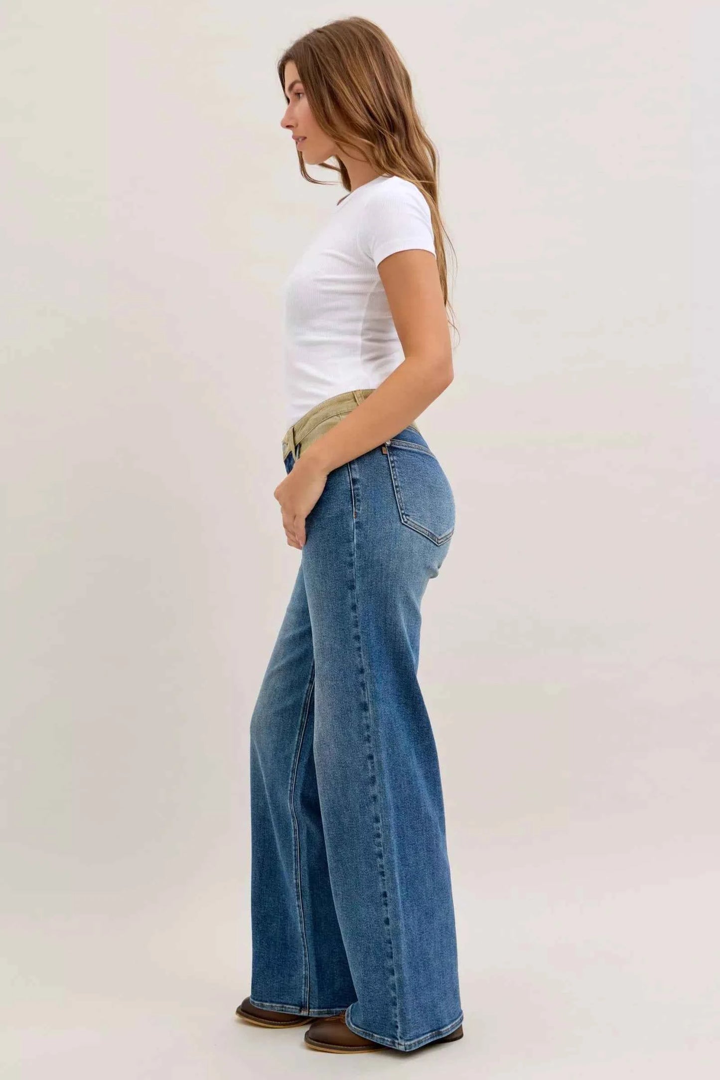 Judy Blue MR Column Straight Jeans with Corduroy Waist For Women Trendsi