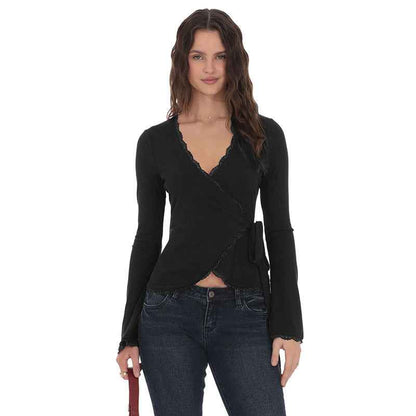 New Deep V-neck Cross-front Tie Lace Trim Top For Women MuddyStock