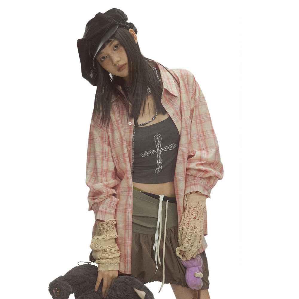 Irregular Pocket Loose Plaid Shirt For Women null