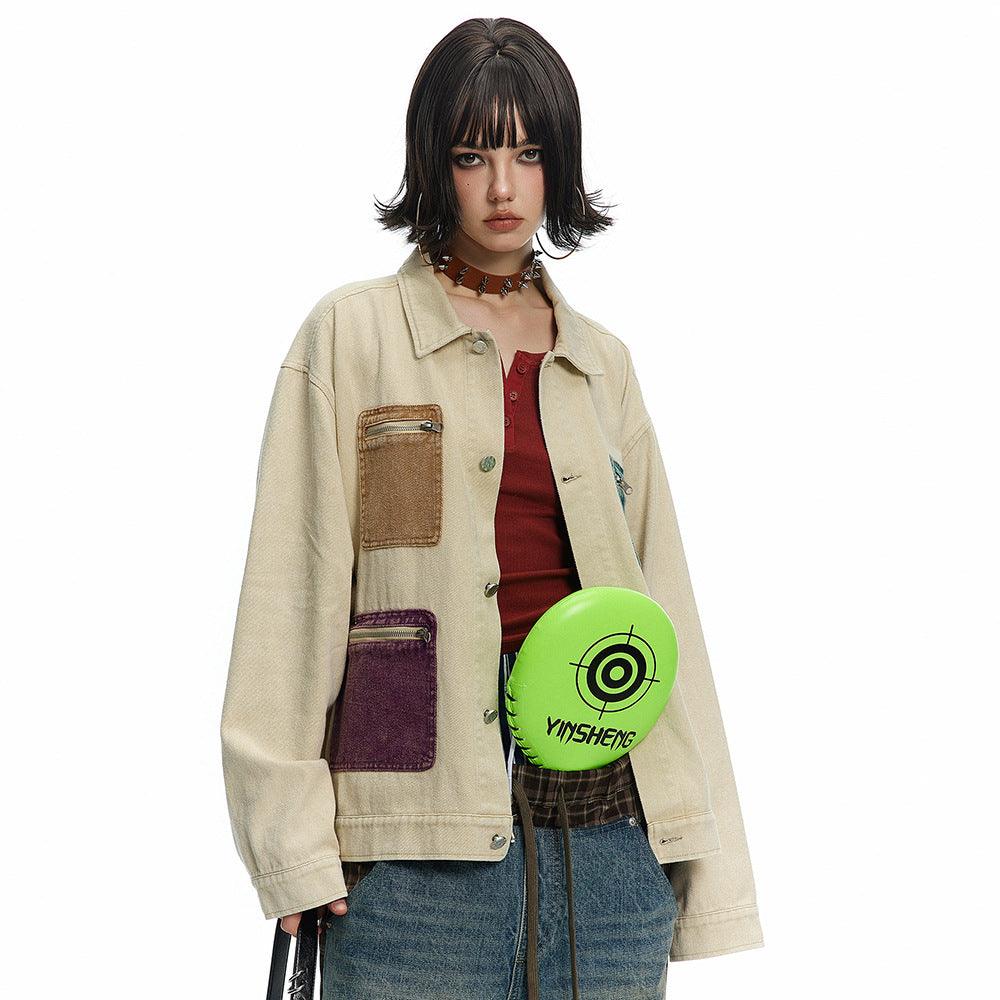 Punk Design Contrast Color Multi-pocket Baggy Coat For Women All Products