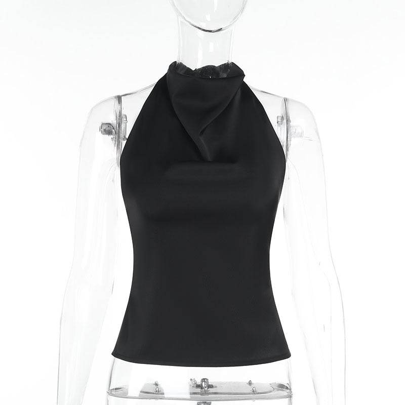 Street Style All-match Satin Backless Top For Women Black MuddyStock