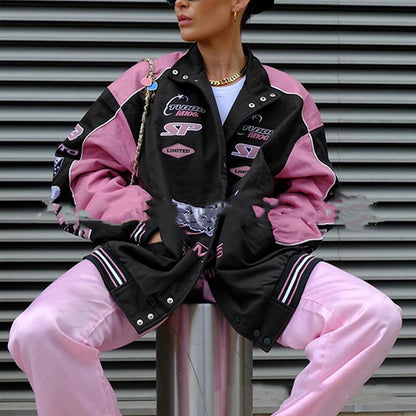 Women's Sports Style Printed Pink Casual Long-sleeved Jacket MuddyStock