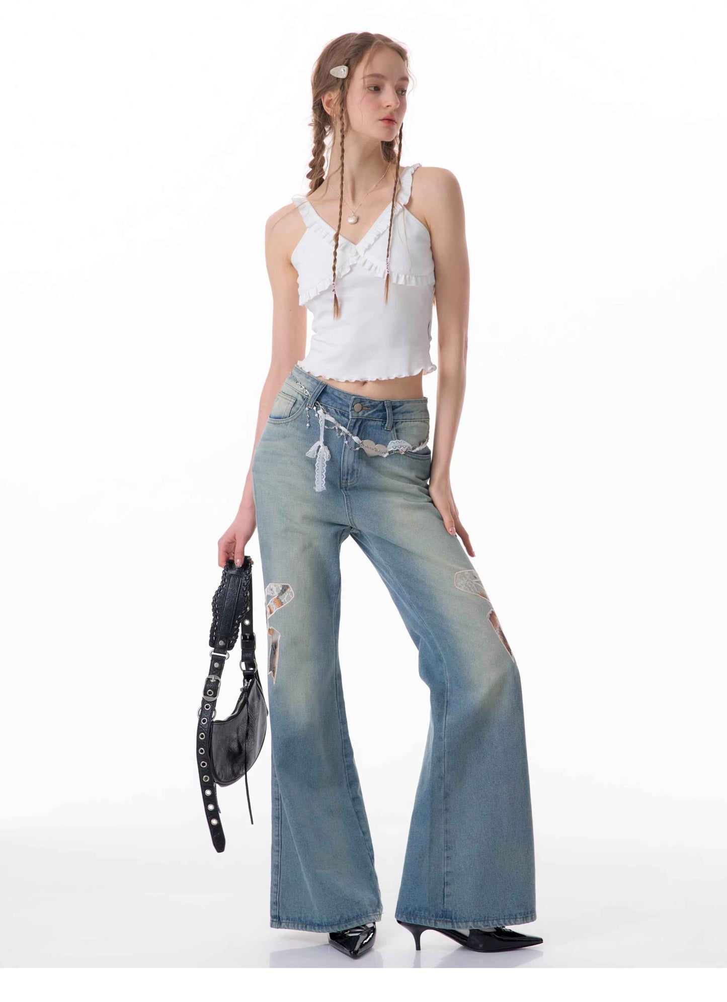 High Waist Bow Patch Wide Leg Straight Jeans For Women MuddyStock