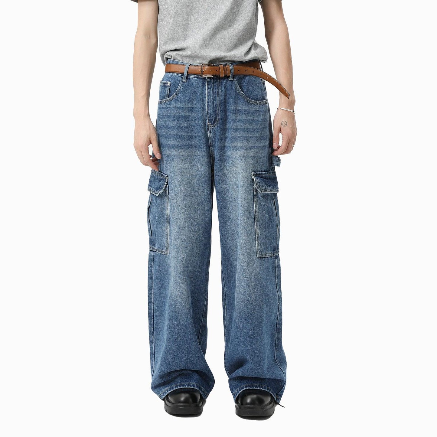 Wide-leg Multi-pocket Straight-leg Work Pants For Men