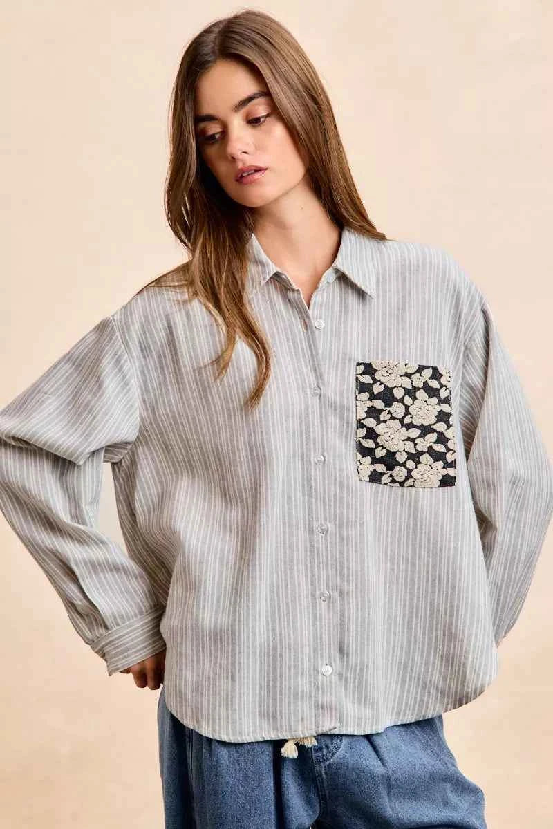 Flower Jacquard Knit Patch Pocket Stripe Shirt For Women Trendsi